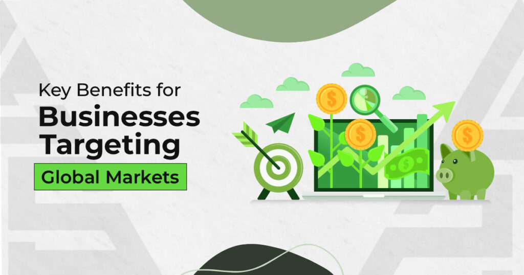 Key benefits for businesses targeting global markets with international SEO showing people analyzing global data and growth charts